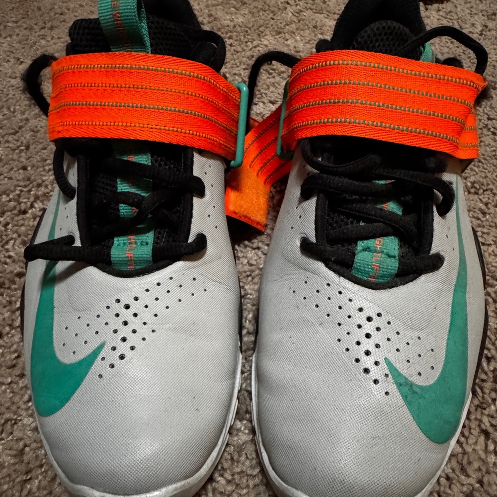 Nike weightlifting Savaleos- White, Orange, and Green.
